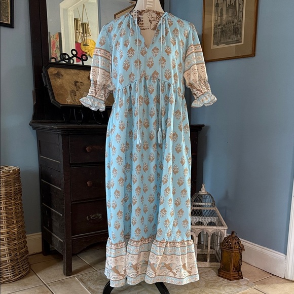 Boutique Blue and Cream Floral Print Bohemian Maxi Dress - Picture 12 of 12